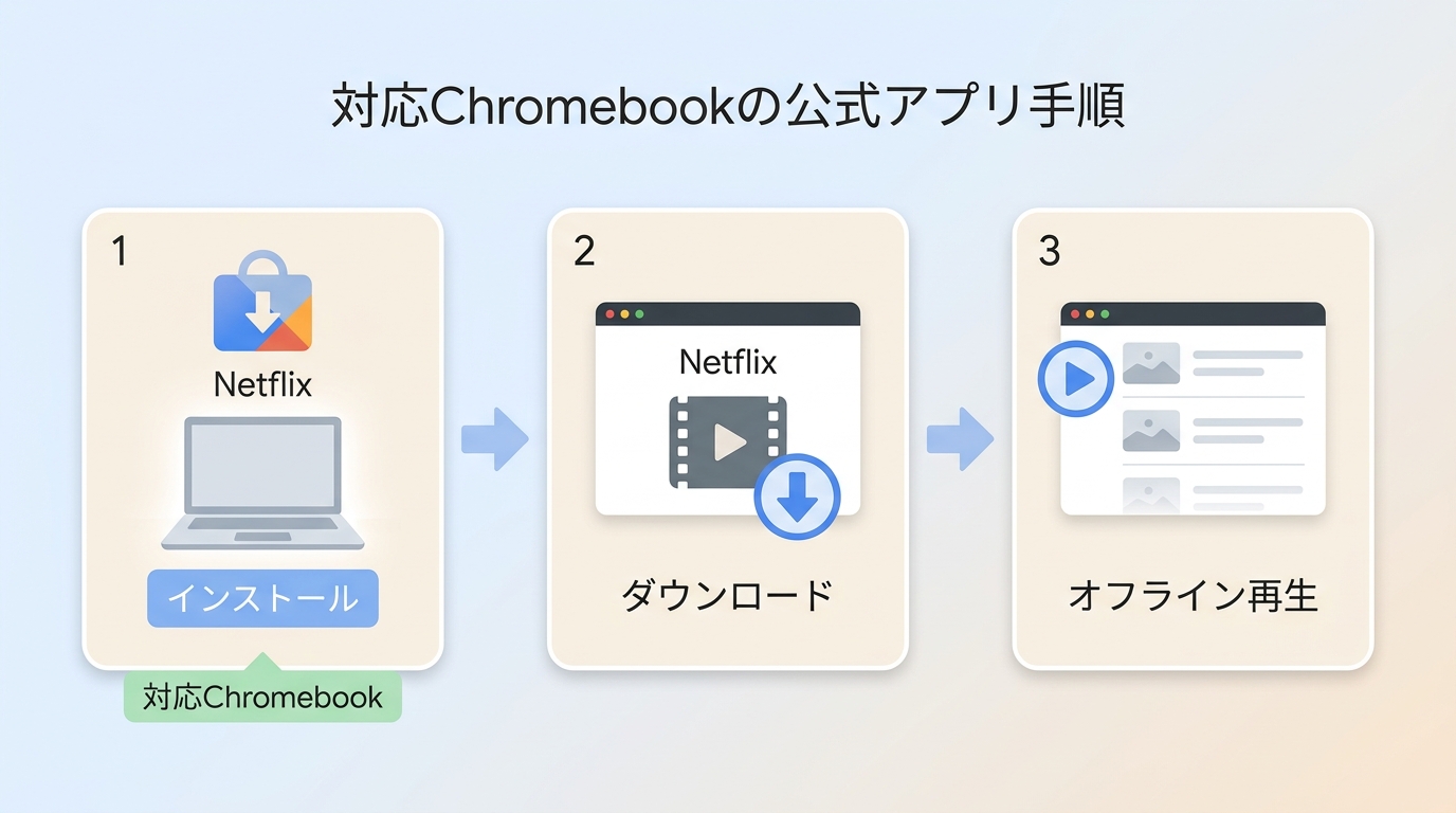 ChromebookのNetflixアプリで作品を保存しダウンロード一覧から再生する手順