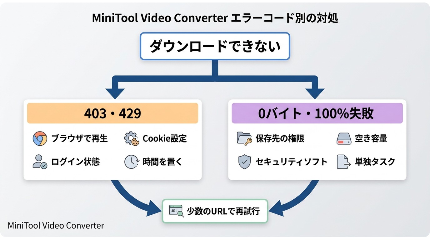 MiniTool Video Converterの403・429・0バイト失敗を原因別に確認する手順