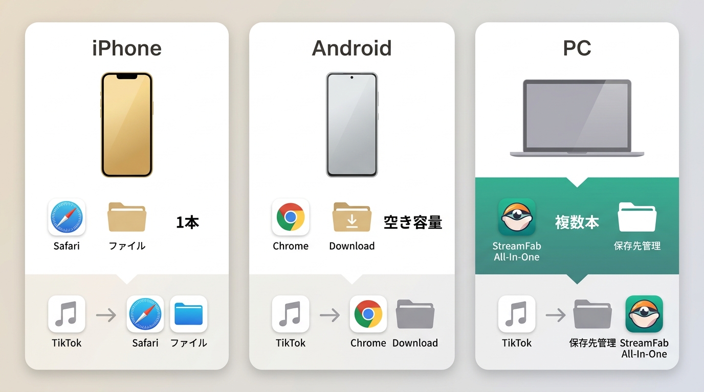 iPhone、Android、PCで異なるTikTok動画の保存方法