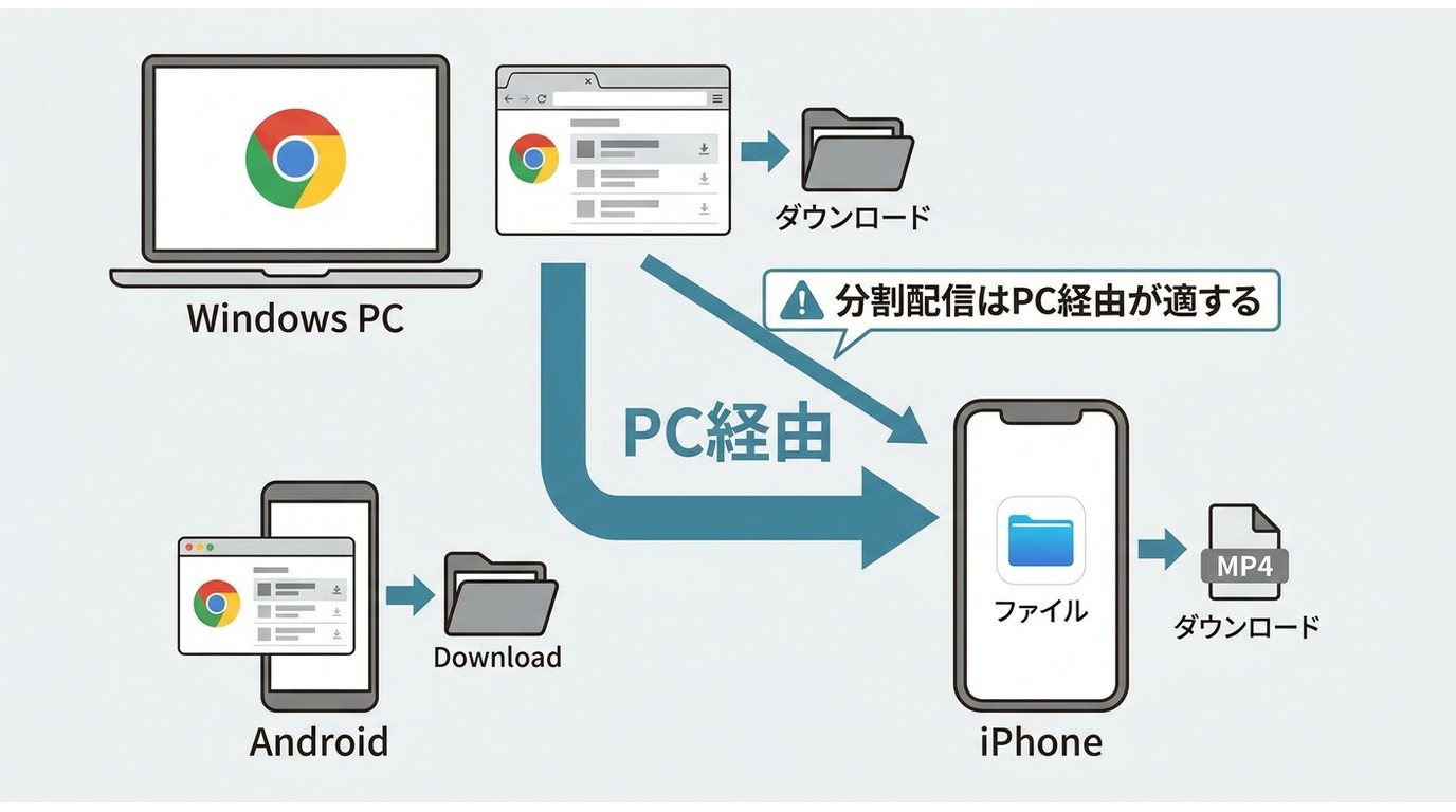 PC、iPhone、AndroidでのChrome動画ファイルの保存先とPC経由の流れ