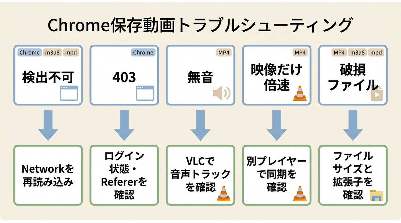 Chrome保存動画の403、無音、倍速、破損を切り分ける確認項目
