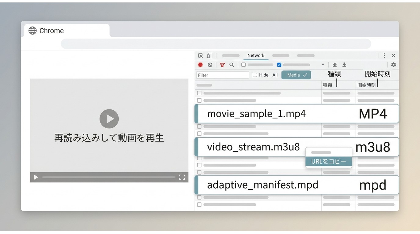 Chrome DevToolsでMediaリクエストからMP4・m3u8・mpdのURL候補を確認する手順