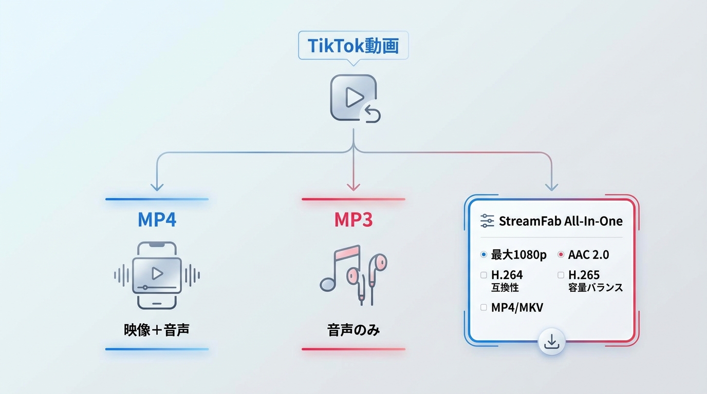 TikTok動画保存で選ぶMP4、MP3、1080p、H.264、H.265