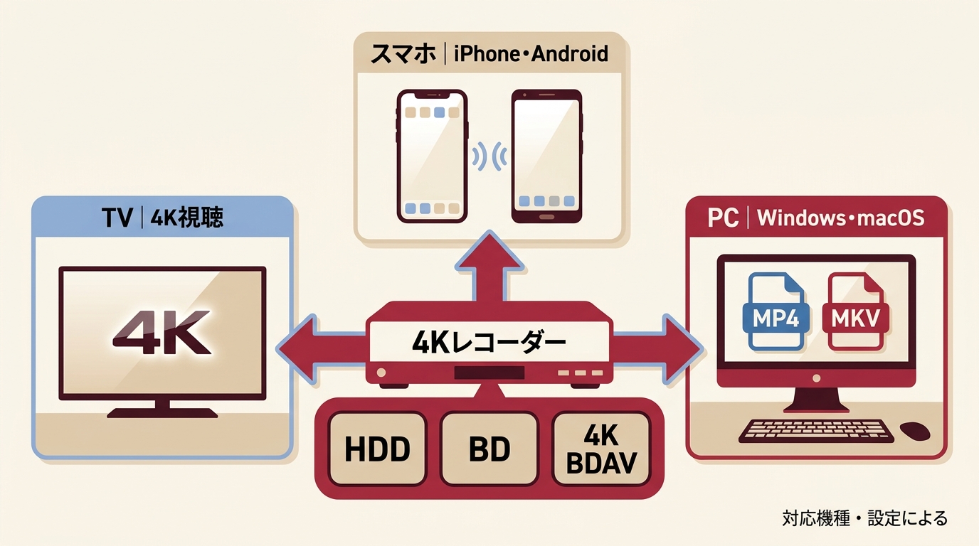 4Kレコーダーからテレビ、スマホ、PC、BDへ録画番組を保存する方法