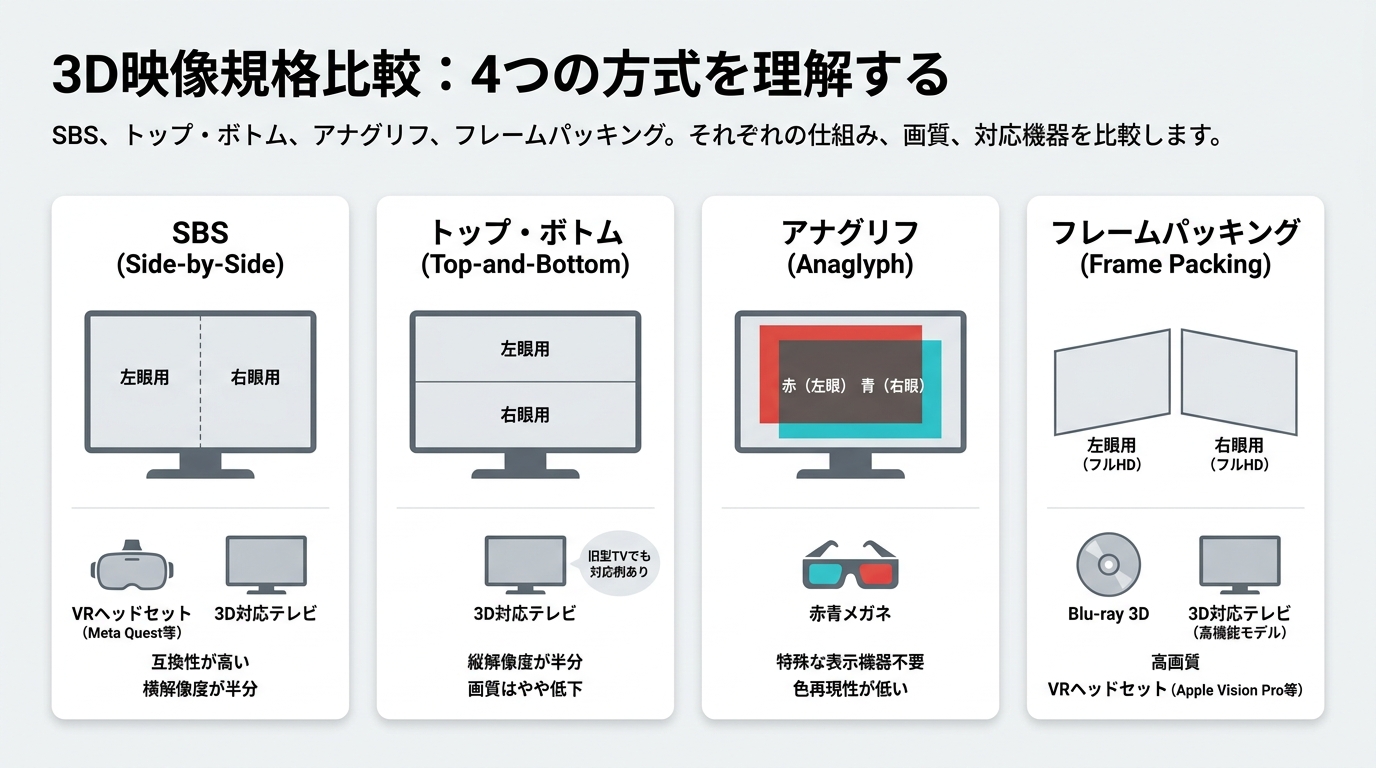 SBSやトップアンドボトムなど3D動画形式の違い