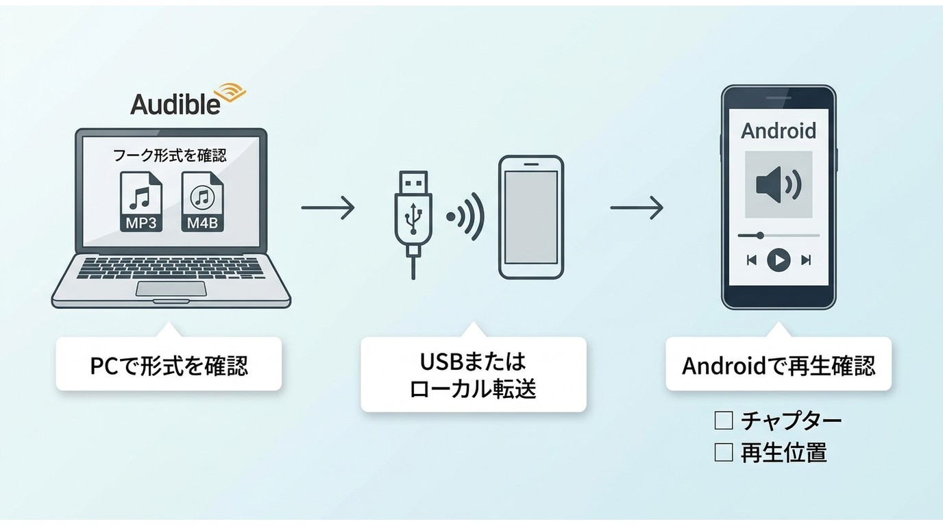 Audible音声をPCからAndroidへ転送してMP3やM4Bで再生する流れ