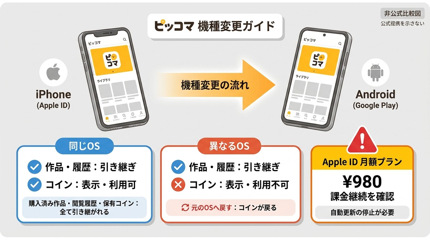 ピッコマの同OSと異なるOSで引き継げるデータを比較