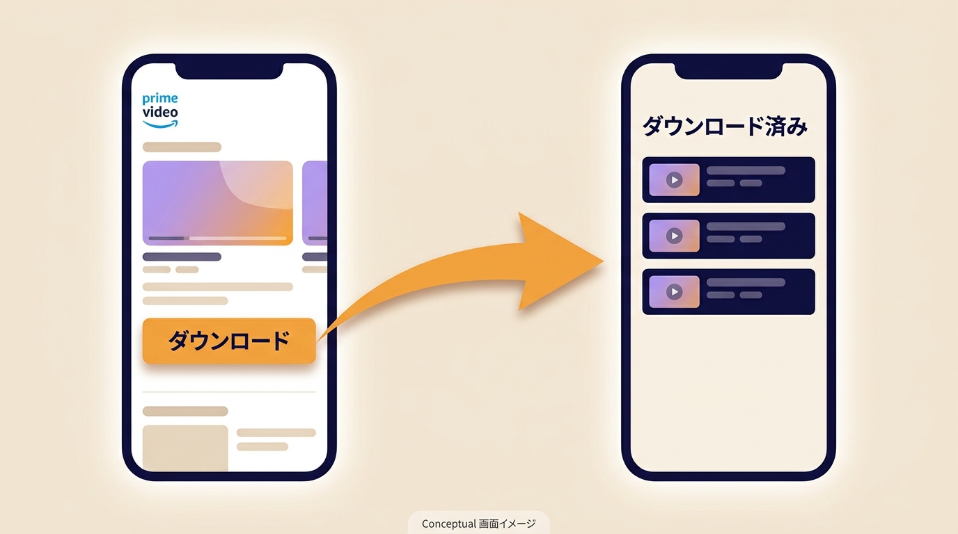 Prime Video作品ページのダウンロードボタンとアプリ内保存画面