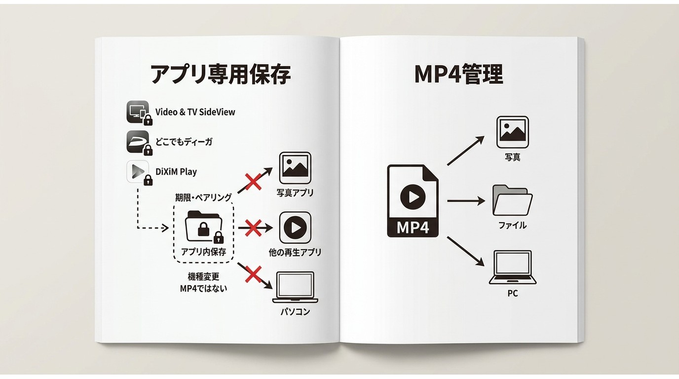 アプリ内保存とMP4の自由な管理にある制約