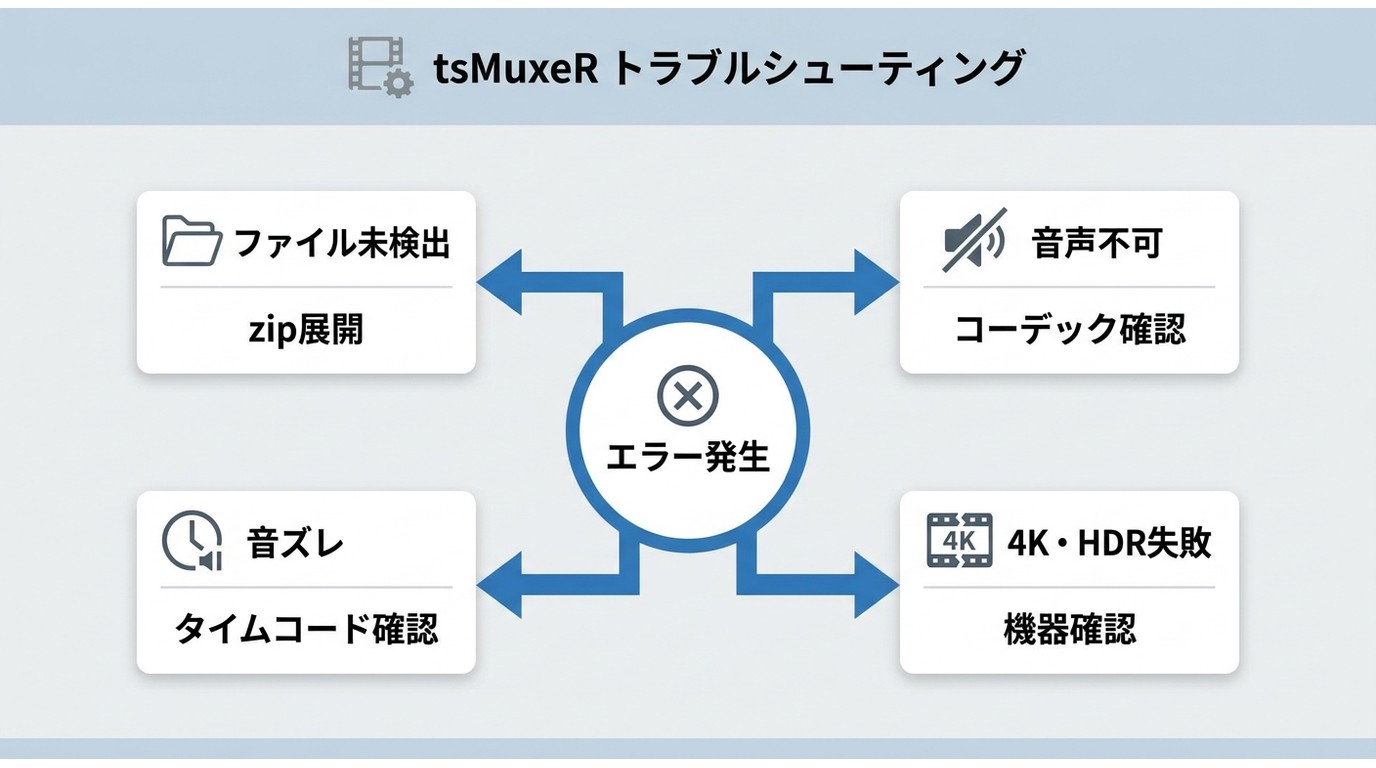 tsMuxeRのエラー原因を確認する対処フロー