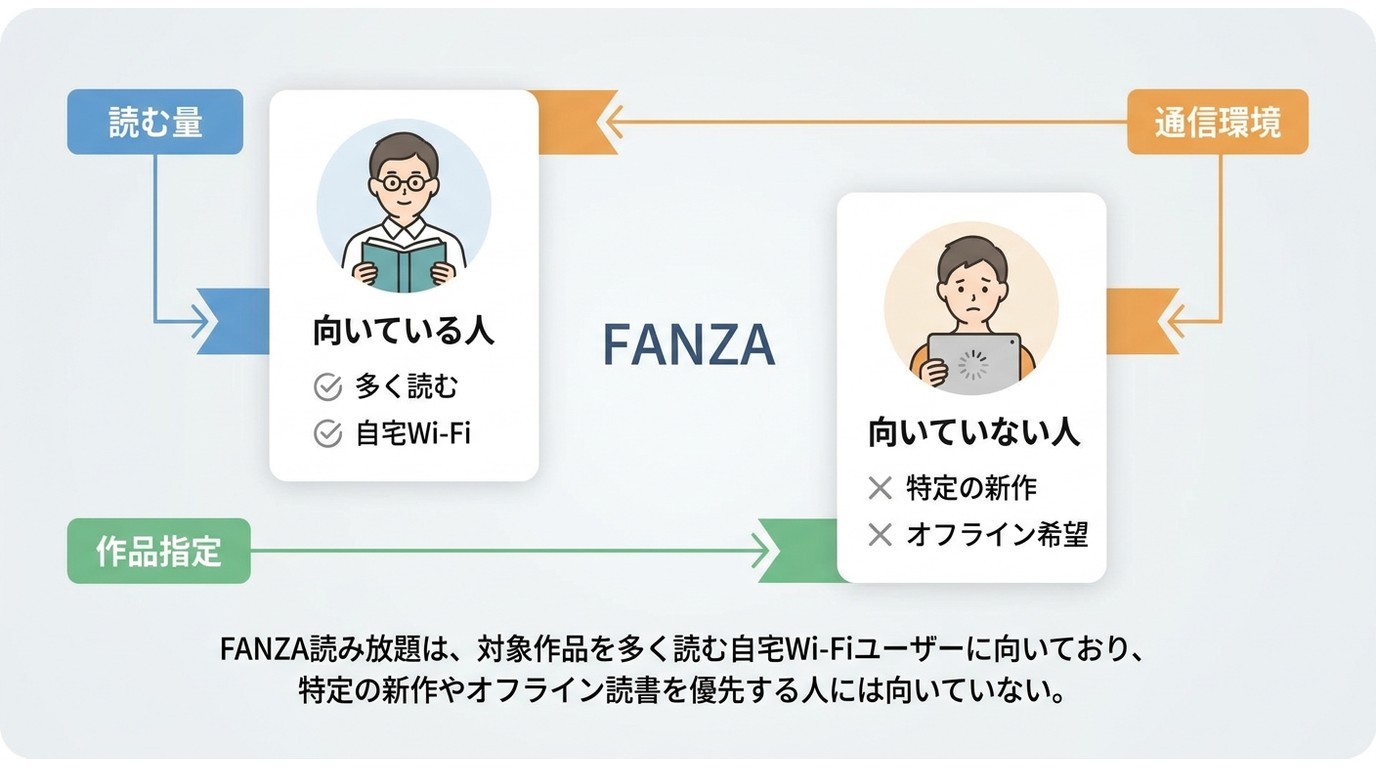 FANZAブックス読み放題が向いている人と向いていない人の判断ポイント