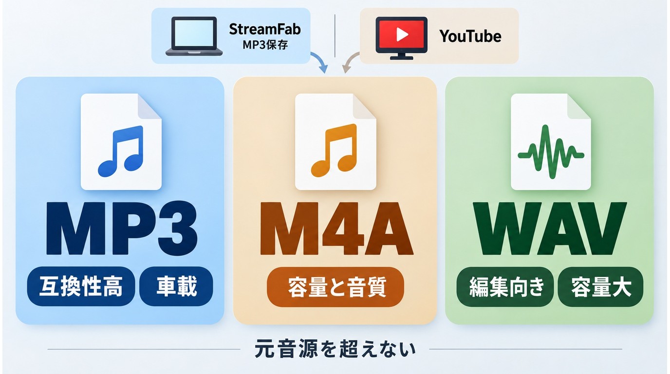 MP3 M4A WAVの互換性と容量と編集用途の比較