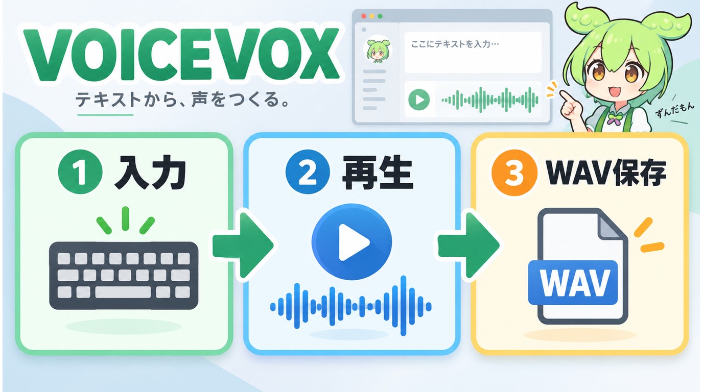 VOICEVOXでテキストを入力してWAV音声を書き出す流れ