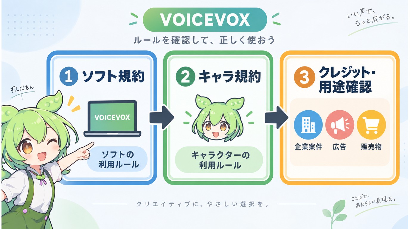VOICEVOXの商用利用で確認するソフトと音声ライブラリの規約