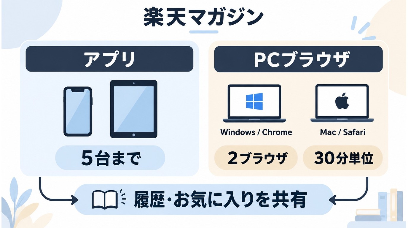 楽天マガジンをスマホ・タブレット5台とPCで利用するイメージ