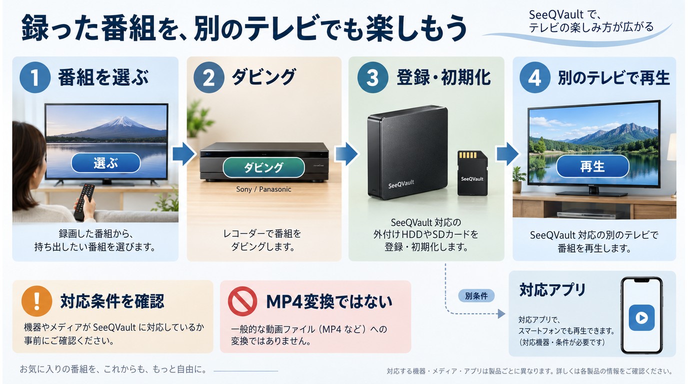 録画番組をSeeQVault対応HDDへダビングして別機器で再生する流れ