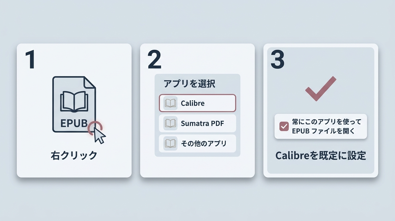 WindowsでEPUBの既定アプリを設定する操作イメージ