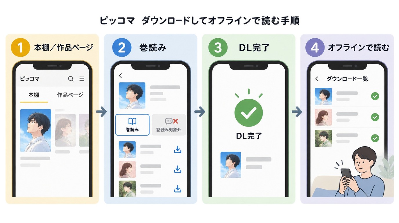 ピッコマで対象の巻をダウンロードしてオフラインで読む流れ