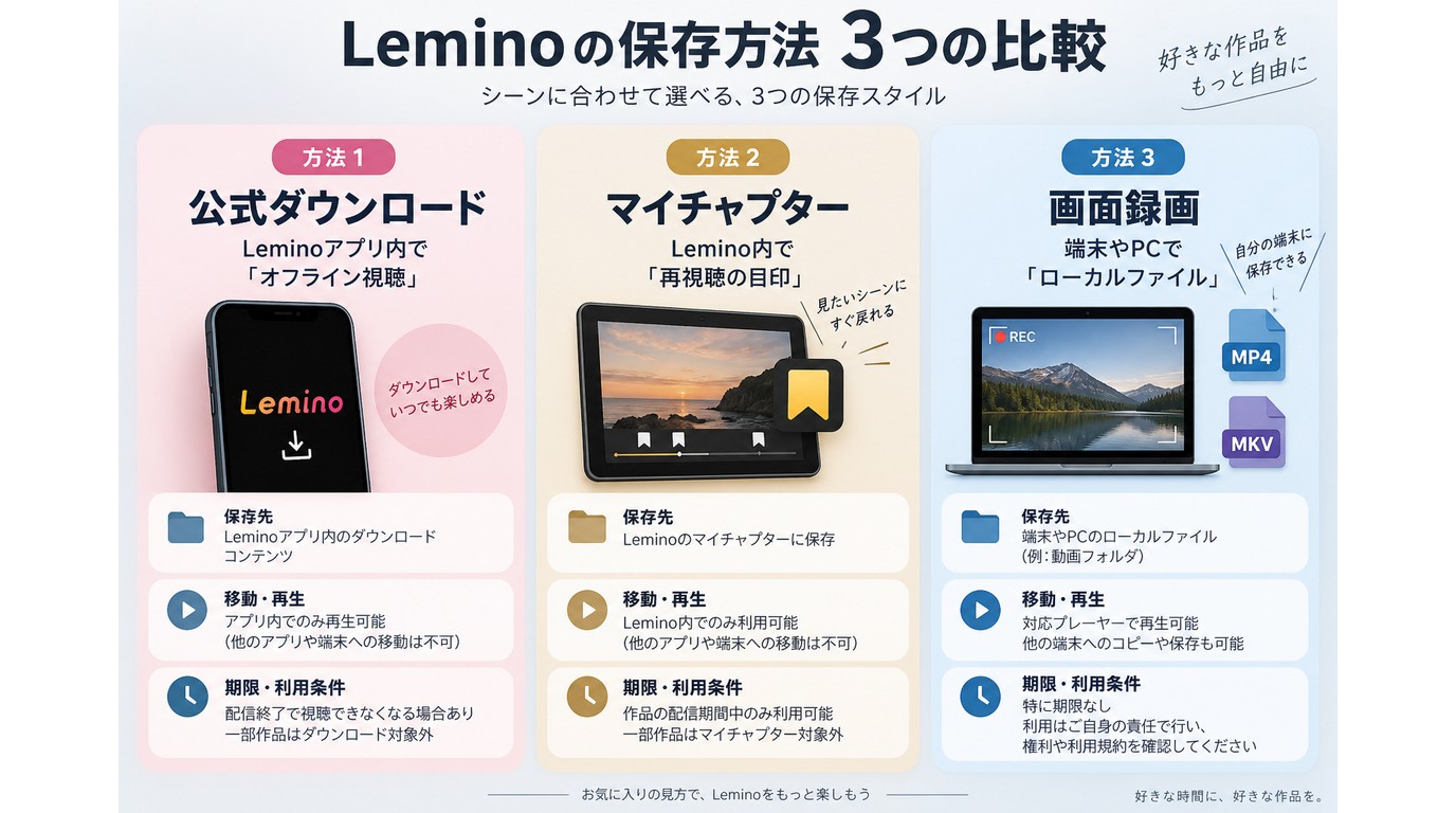 Lemino公式ダウンロード・マイチャプター・画面録画の違い