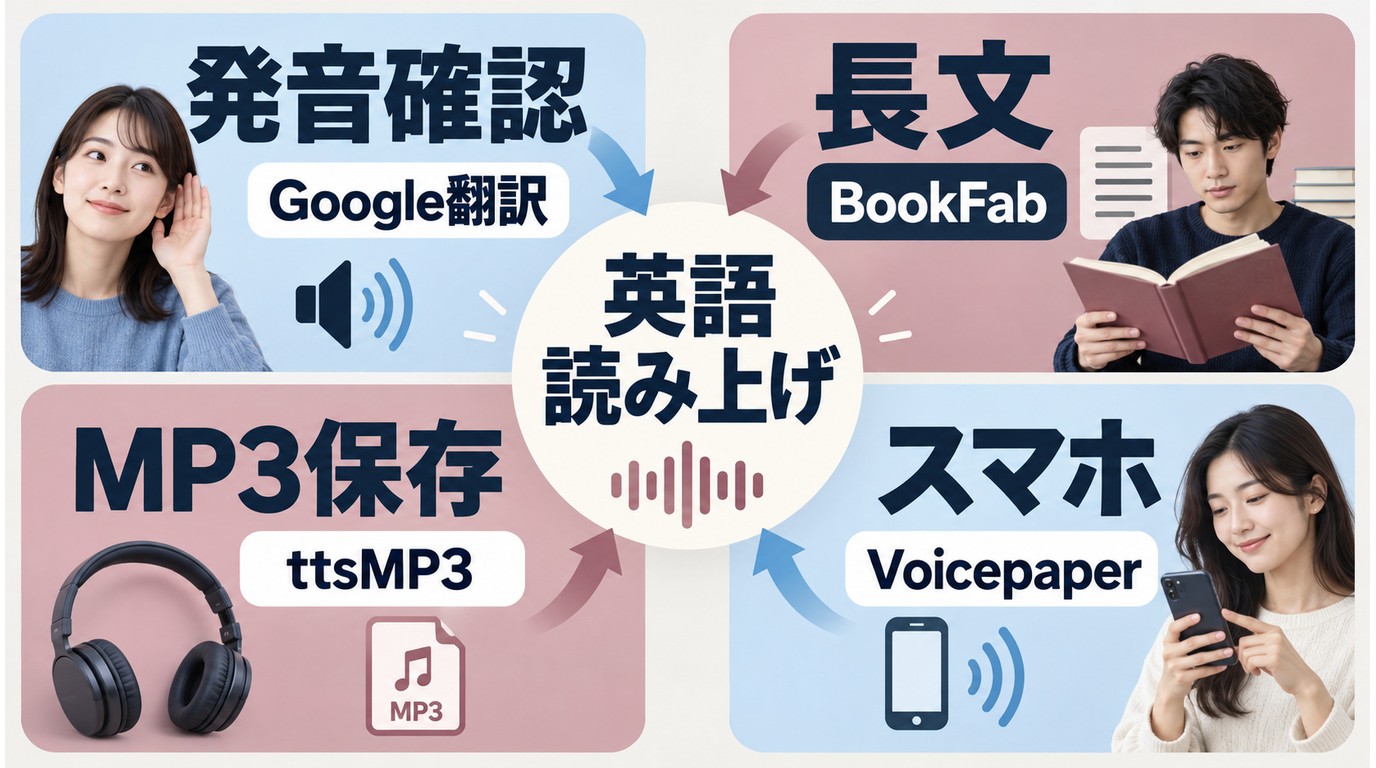 Google翻訳やBookFabなどを用途別に選ぶ英語読み上げの分岐図