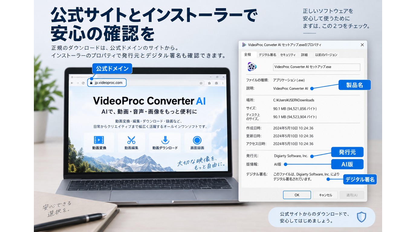 VideoProc Converter AIの公式ドメインと発行元を照合する画面