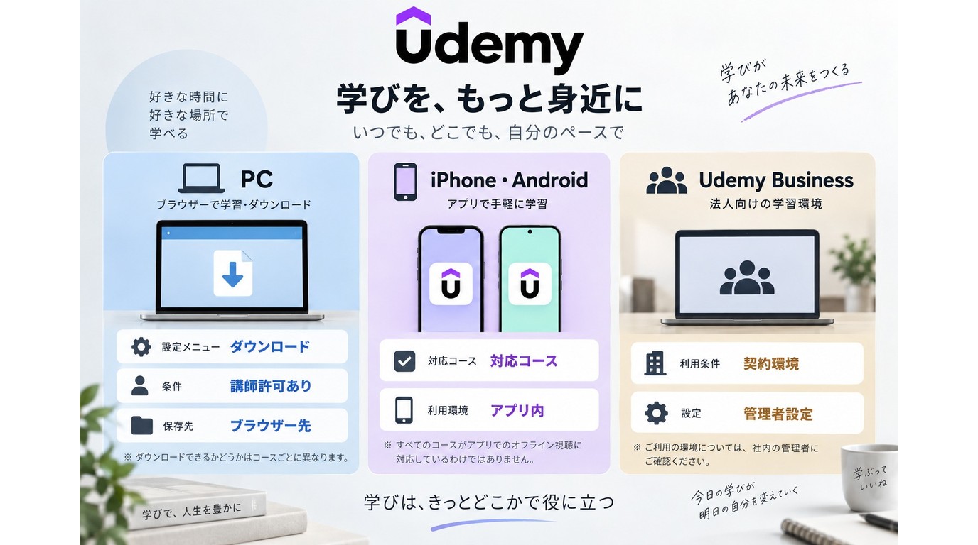 UdemyのPC保存とiPhone・Androidのオフライン保存を比較