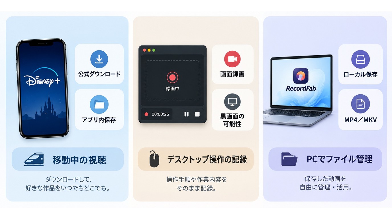 Disney+公式保存と画面録画とRecordFabの保存先や用途の違い