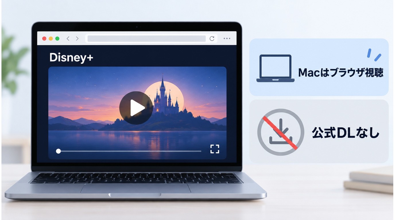 Disney+をMacのブラウザで視聴し、公式ダウンロードボタンがないことを示す画面