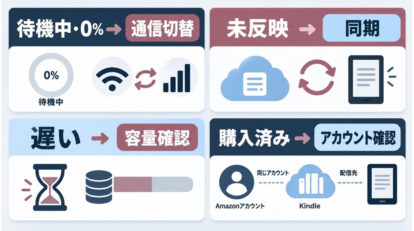 Kindle本が取得できない症状から通信、同期、容量、配信先を順に確認する流れ