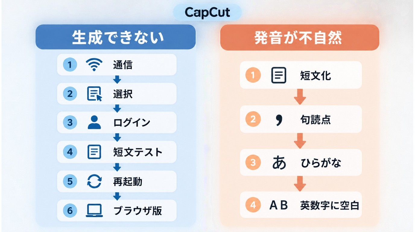 CapCutで音声を生成できない場合と発音が不自然な場合の対処順