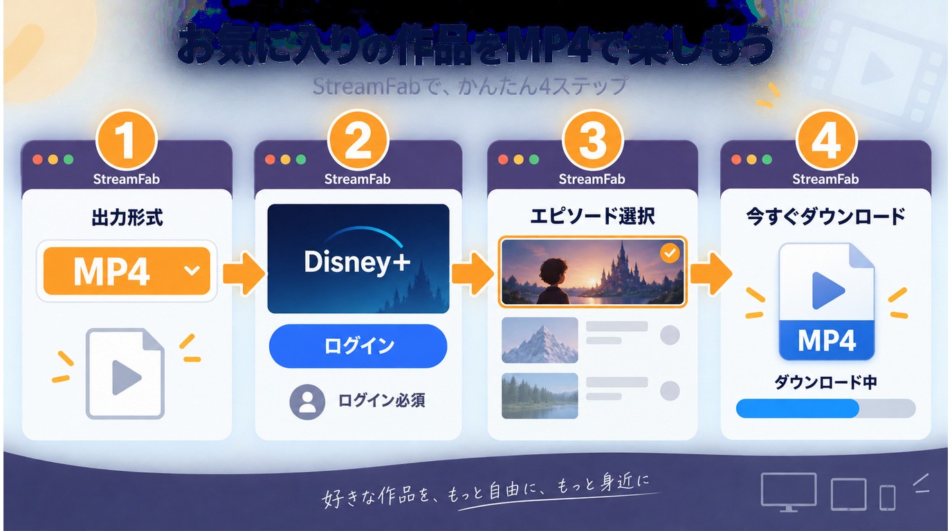 StreamFabでDisney+をMP4保存する四段階の操作画面