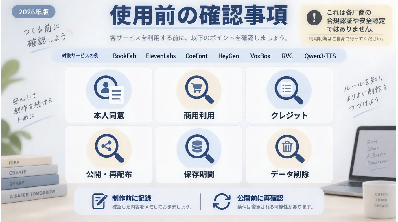 音声クローンの本人同意・商用条件・音声データ管理を確認する項目