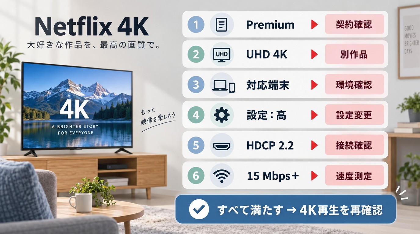Netflixが4Kにならない場合に確認するプラン、端末、設定、接続、回線の順番