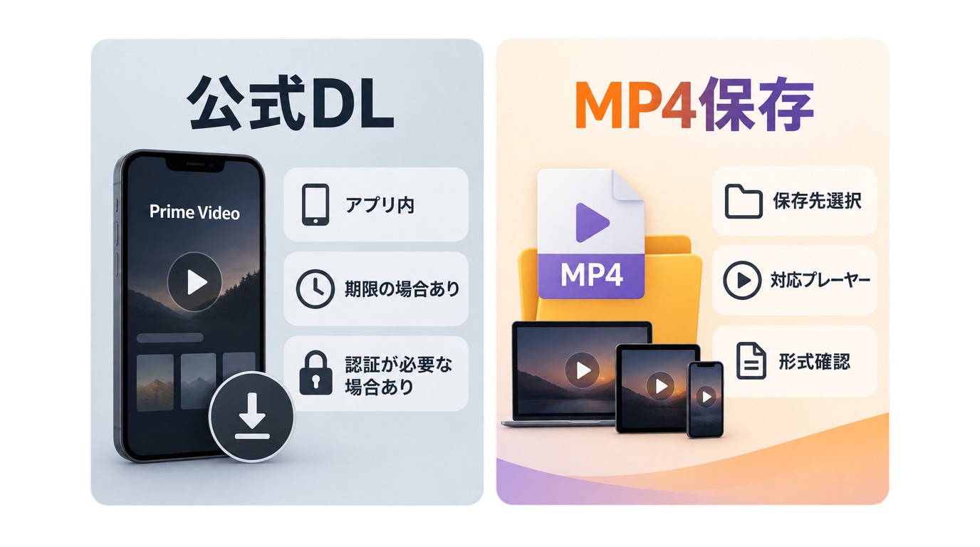 Prime Video公式ダウンロードとMP4保存の保存先、期限、再生方法の違い