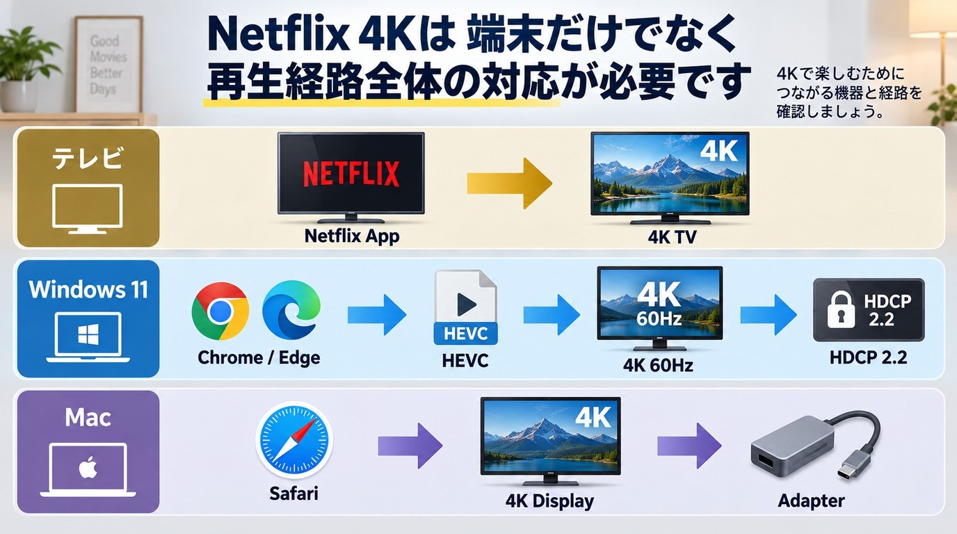Netflix 4Kをテレビ、Windows 11、Macで再生する条件
