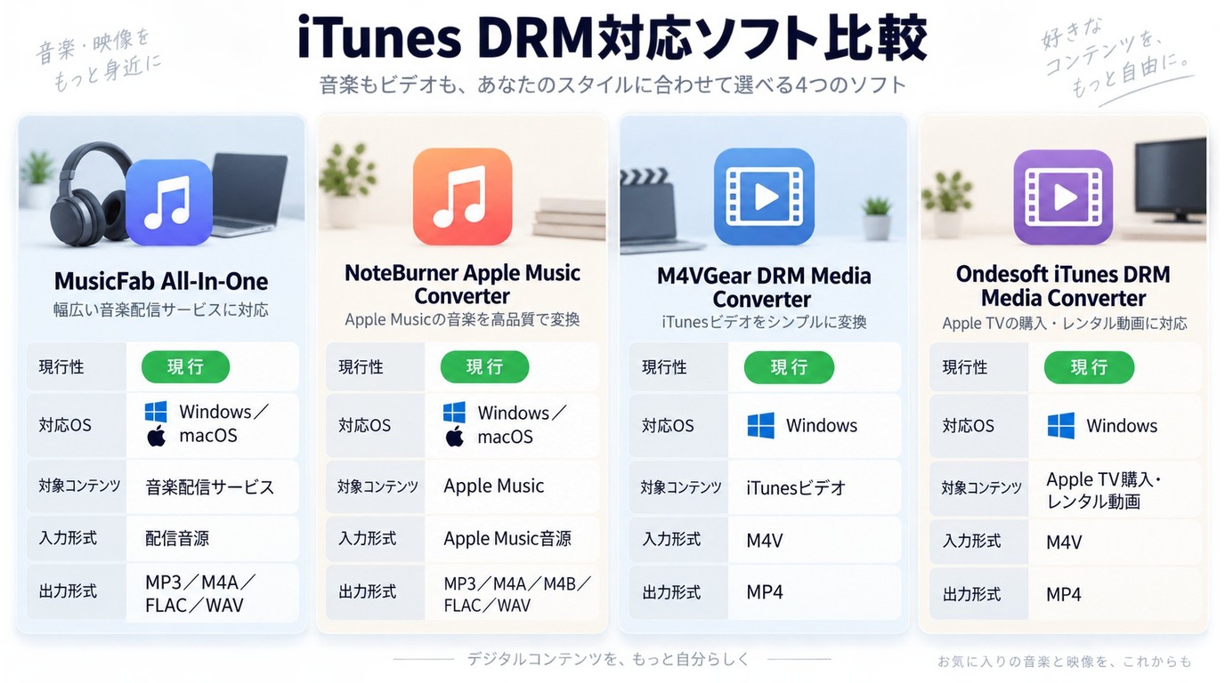 MusicFab、NoteBurner、M4VGear、Ondesoftの現行性、対象、OS、出力形式の比較
