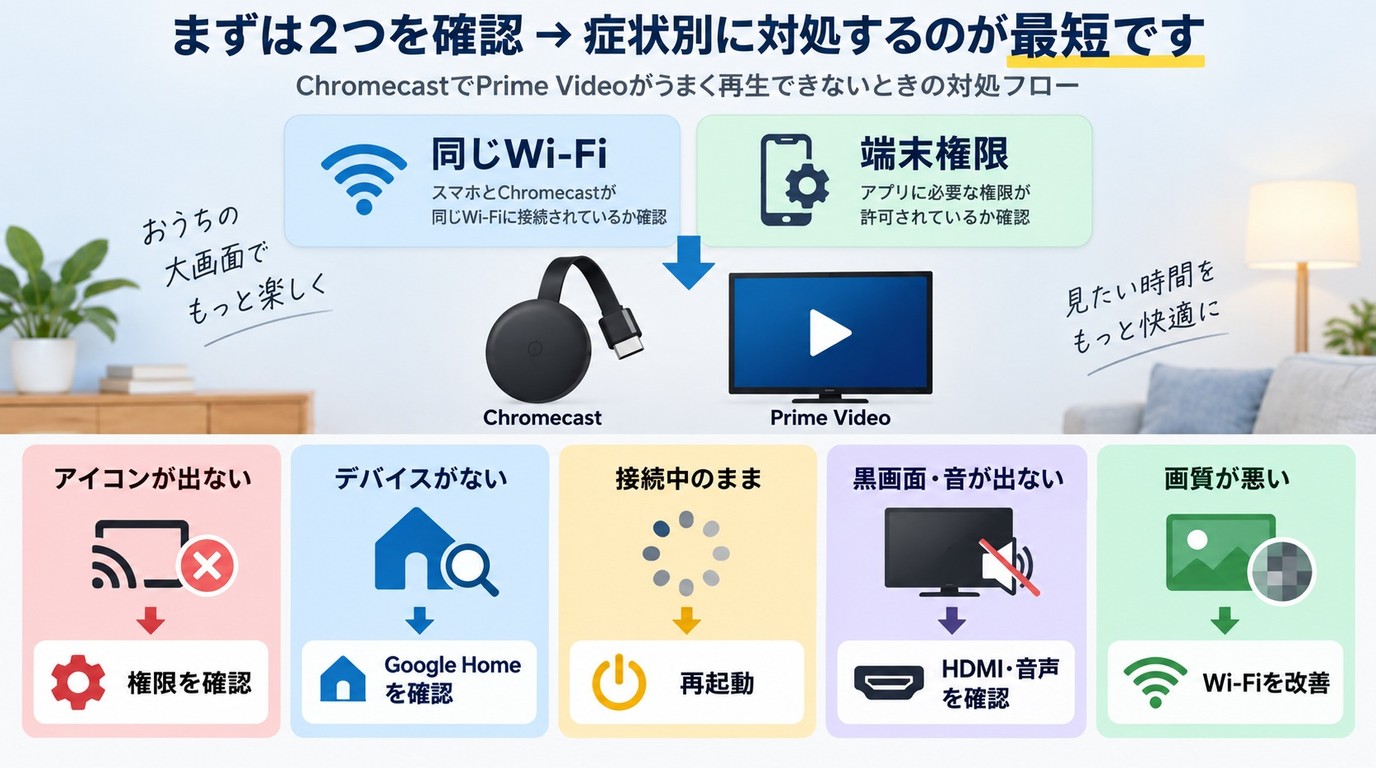 ChromecastでPrime Videoが見れない時の症状別確認順序