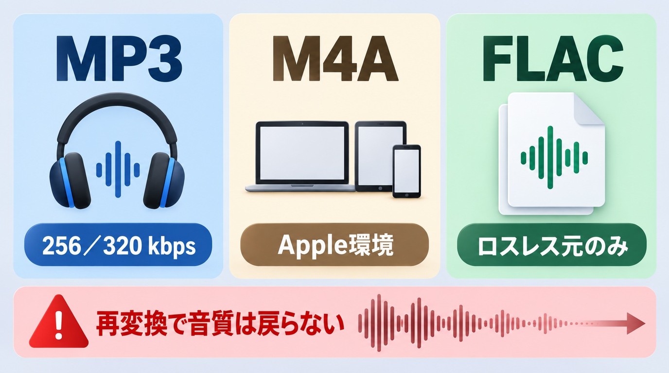 再生環境と保管目的に応じたMP3とM4AとFLACの選択