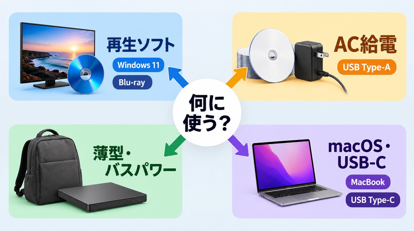 用途別に再生ソフト、給電方式、対応OS、USB端子を選ぶ流れ