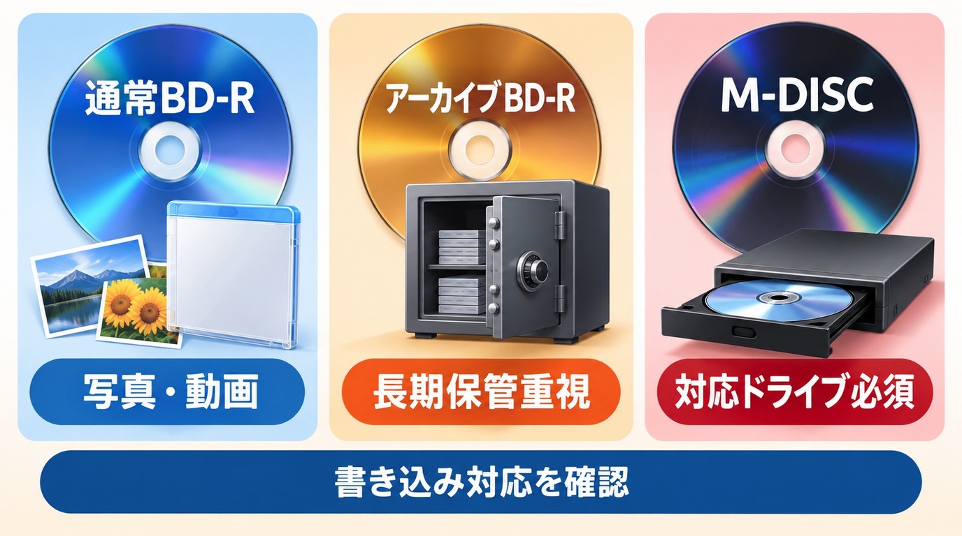 通常のBD-R、長期保存用BD-R、M-DISCの選び方