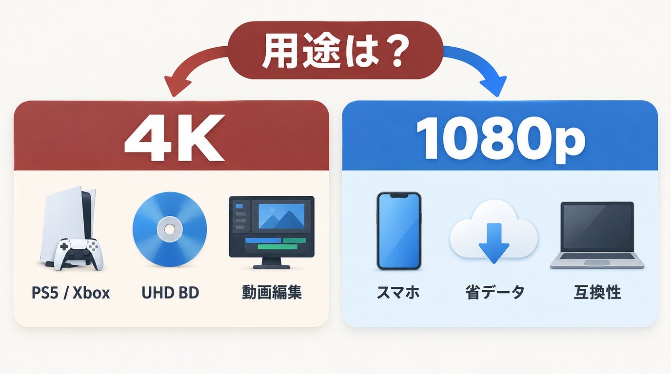 スマートフォンや容量重視なら1080p、大画面や高解像度編集なら4Kを選ぶ目安