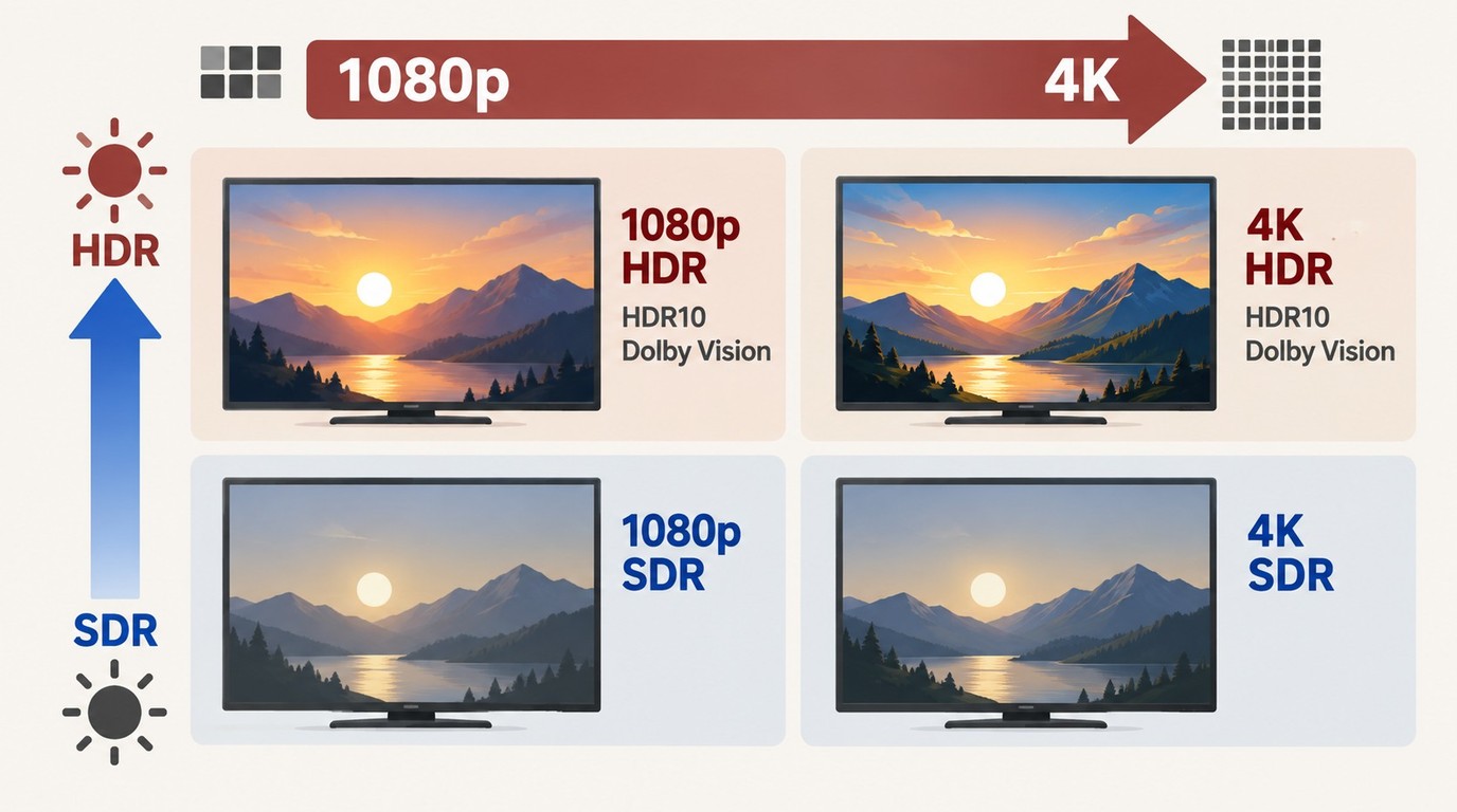 1080pと4Kの解像度差とHDRが別の映像仕様であることを示す比較