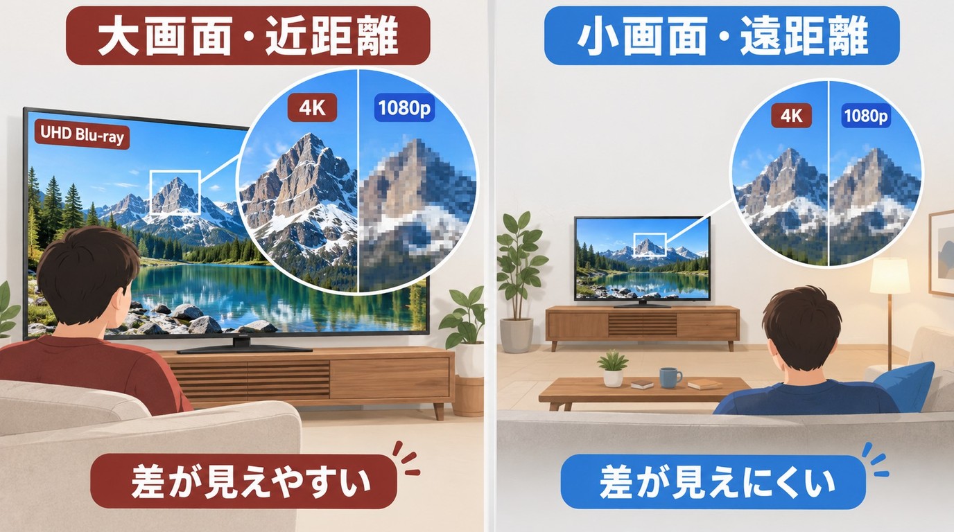 大画面を近くで見るほど1080pと4Kの細部差が見えやすくなる関係