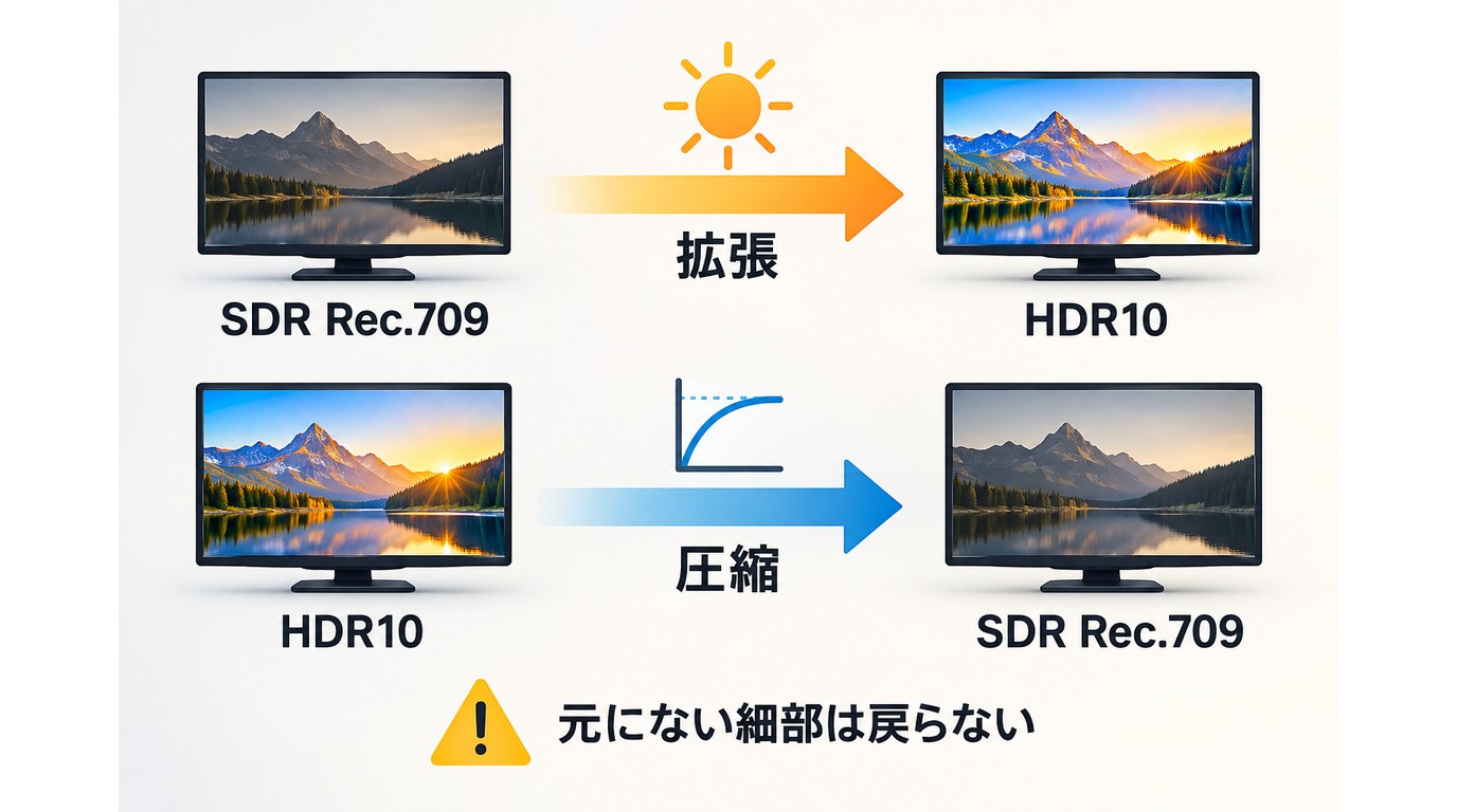 SDRとHDRの変換方向と復元できない階調を示す図