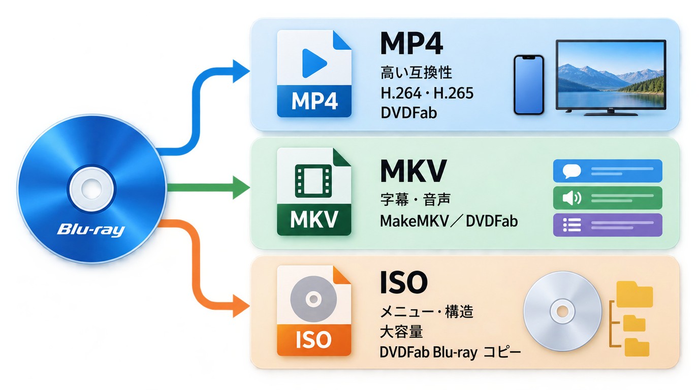 MP4、MKV、ISOの再生性、字幕保持、ディスク構造保存の違い