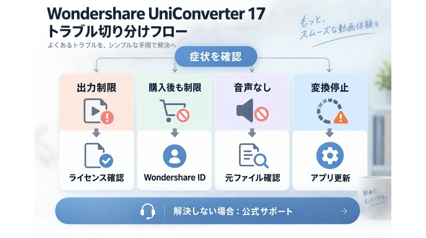 UniConverter 17の出力制限や停止を原因別に確認する対処フロー