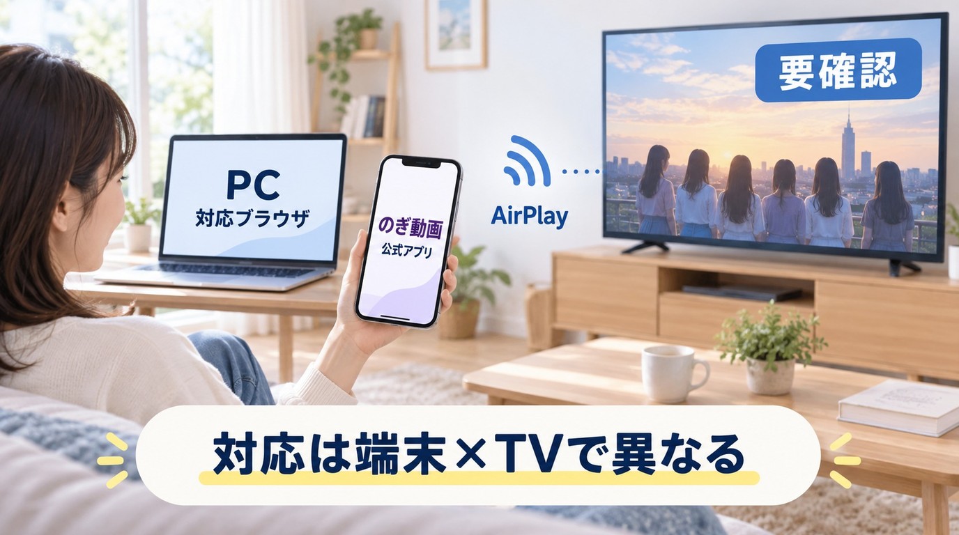 のぎ動画をPCやスマートフォンで視聴しテレビ接続ではAirPlayの対応を確認する流れ