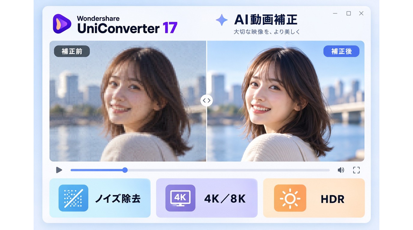 UniConverter 17のAI動画補正による補正前後と4KやHDRの設定