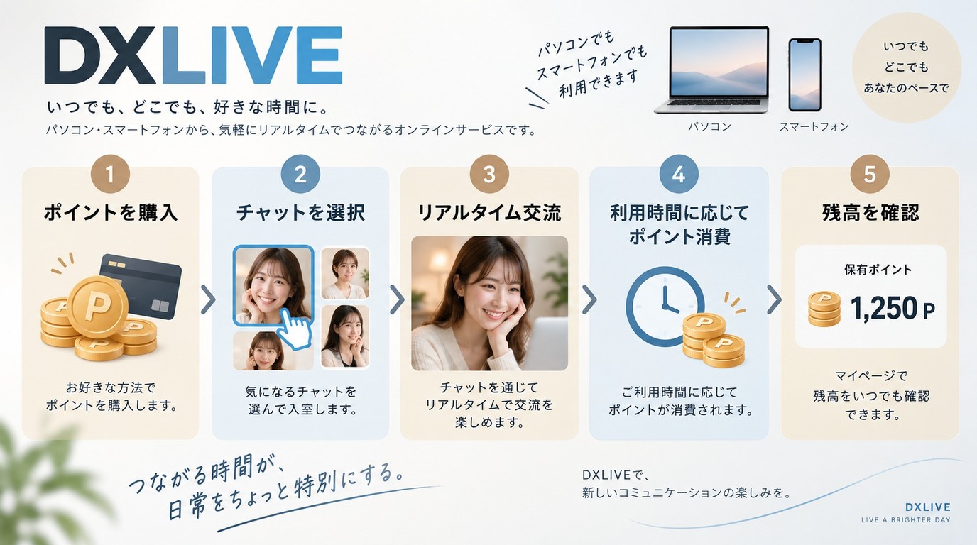 DXLIVEでポイントを購入し、チャット時間に応じて消費する仕組み