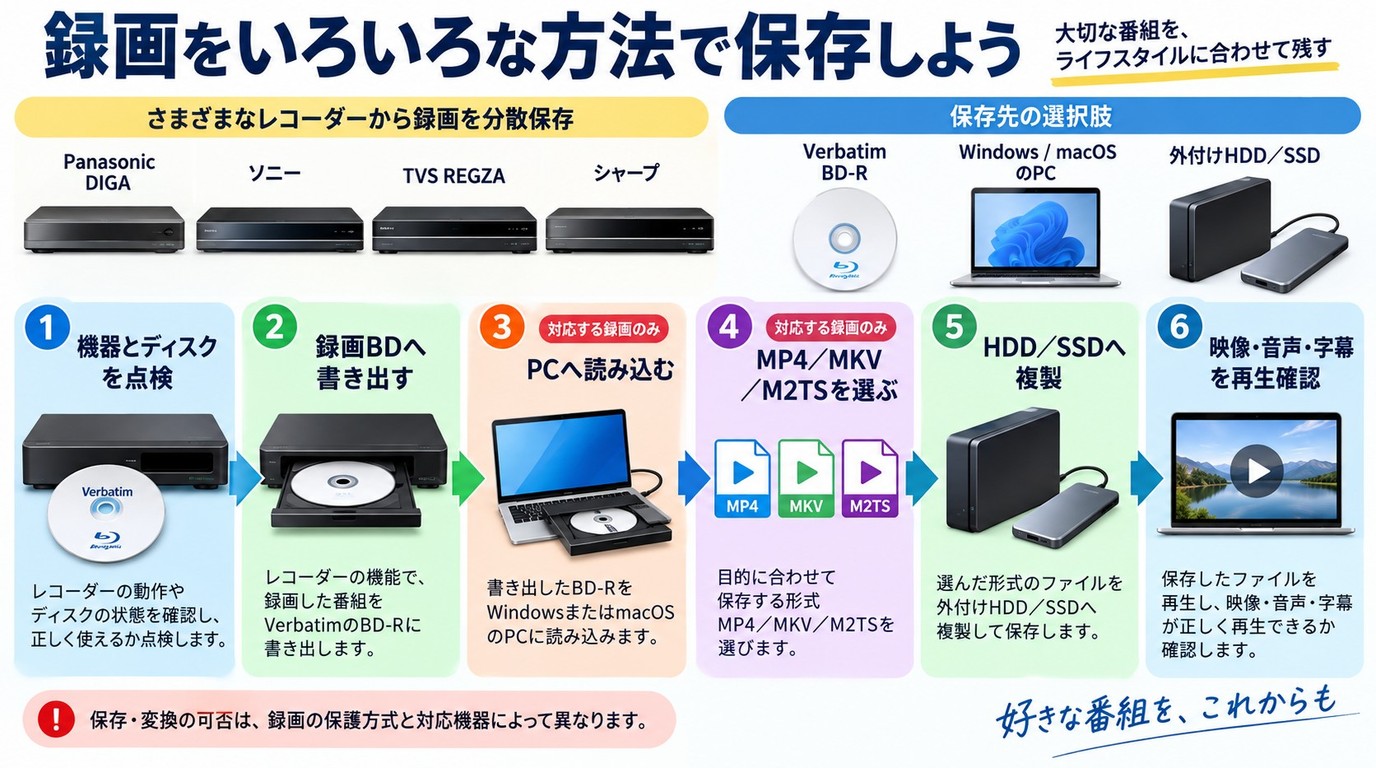レコーダー内の録画をBD、PC、HDD／SSDへ複製して再生確認する手順